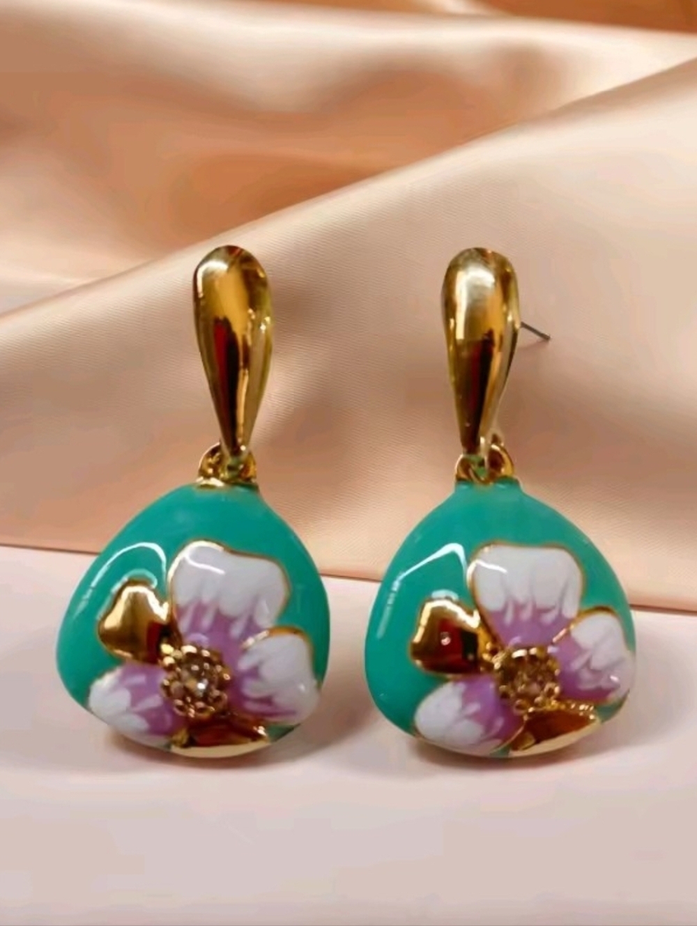 Gold-Tone Green Floral Drop Earrings